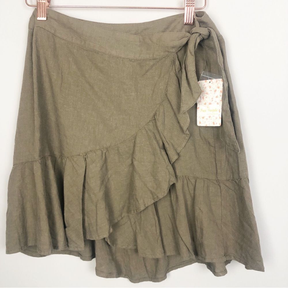 FREE PEOPLE | NEW! Ruffle My Feathers Olive Green Wrap Skirt Women’s Size 4 - Picture 3 of 9